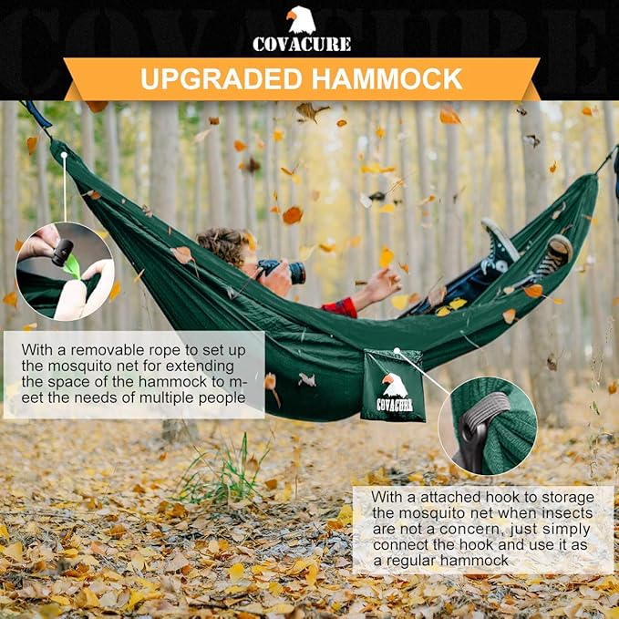 Covacure Camping Hammock - Lightweight Double Hammock, Hold Up to 772lbs, Portable Hammocks for Indoor, Outdoor, Hiking, Camping, Backpacking, Travel, Backyard, Beach（Dark Green） covacure