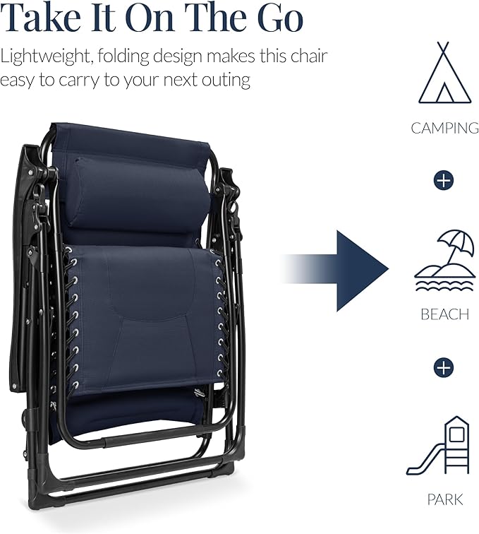 Best Choice Products Oversized Padded Zero Gravity Chair, Folding Outdoor Patio Recliner, XL Anti Gravity Lounger for Backyard w/Headrest, Cup Holder, Side Tray, Polyester Mesh - Navy Blue BestChoiceProducts