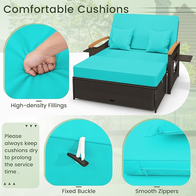 Tangkula Patio Rattan Daybed with 4-Level Adjustable Backrest, Outdoor Wicker Loveseat with Acacia Wood Armrest, Storage Ottoman & Folding Tray, Double Sunbed for Balcony, Yard & Poolside (Turquoise) TANGKULA