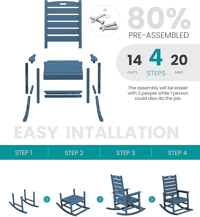 SERWALL Outdoor Rocking Chair Set of 2, Oversized Rocking Chair with Footboard for Adults, HDPE All Weather Resistant Rocking Chairs for Patio, 350lbs Weight Capacity, Navy SERWALL