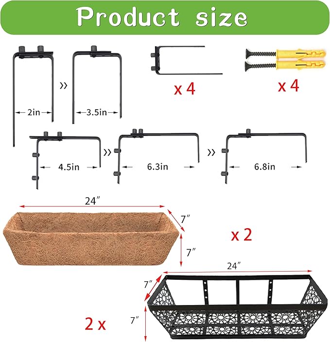 2 Pack 30" Railing Planter Window Box Deck Balcony Rail Planters Black Metal Flower Basket Horse Trough Planter with Coco Fiber Liner for Porch Fence Patio Outdoor EIMQUVW