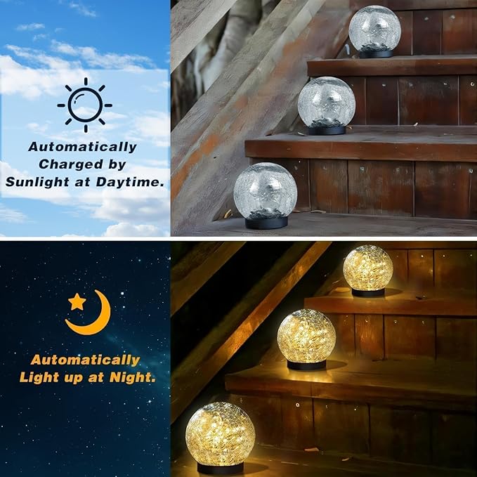 Solar Garden Lights Outdoor Waterproof, 4 Pack 30 LEDs Cracked Glass Ball Light, Ground Landscape Garden Decor, Solar Globe Decorative for Pathway/Patio/Lawn/Yard (Warm White, 3.9") SyouHome