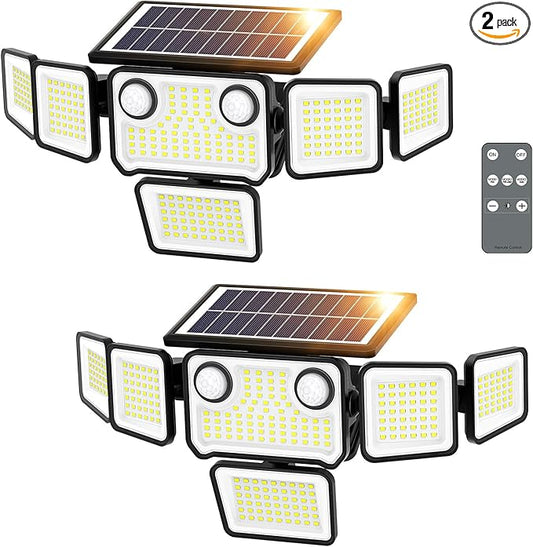 6000LM Solar Lights Outdoor Waterproof, 6 Heads Solar Flood Lights Outdoor with 2 Motion Sensor, 310 LED Motion Light with Remote Control for Yard Outside House Patio 2 Pack SZPOWER