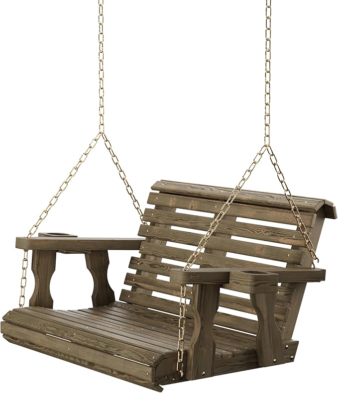 Amish Casual 3 Foot Roll Back Porch Swing with Cup Holders in Dark Walnut Stain - Amish Made in The USA from Treated Pine Heavy Duty 700 Lb. Weight Capacity AmishCasual
