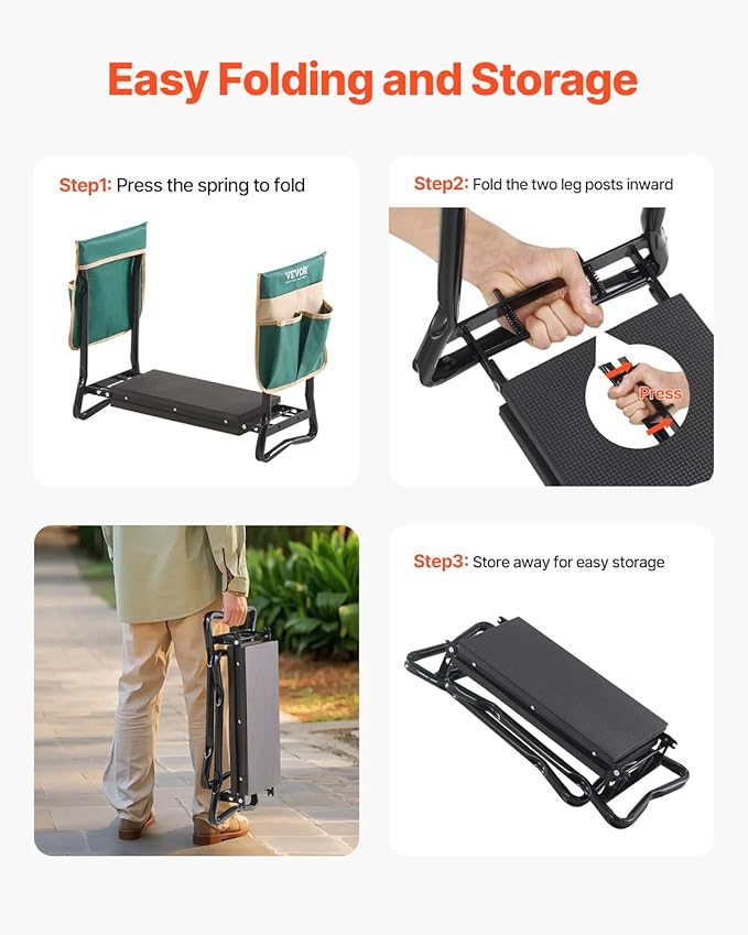 VEVOR Garden Kneeler and Seat, 330 lbs Load Capacity, 8" EVA Wide Pad, Foldable Garden Stool, Kneeling Bench for Gardening with Tool Bag, Gifts for Women, Grandparents, Seniors, Mom and Dad VEVOR