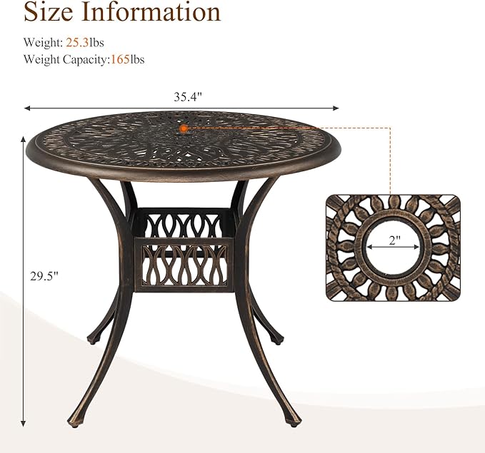 VINGLI 35.4' Dia Patio Dining Table with Umbrella Hole, Cast Aluminum Bistro Table for Outdoor Garden Use (35.4' Dia x 29.5' H) VINGLI
