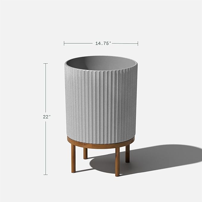 Veradek Demi Series Round Planter w/ Stand for Porch/Patio | Durable Plastic-Concrete & Wooden Stand | Modern Décor for Tall Plants, Flowers VeradekOutdoor