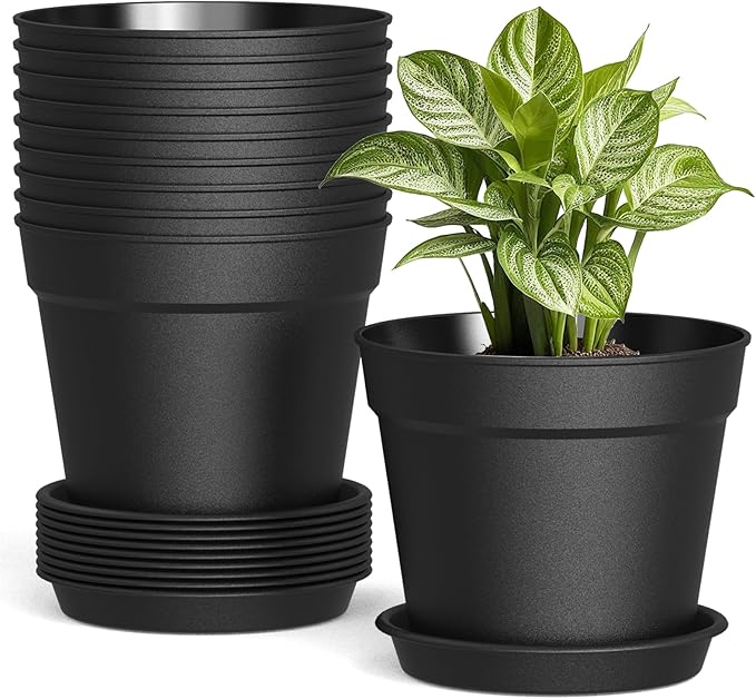 10 Pack 6 Inch Plant Pots with Drainage and Saucers, Black Plastic Flower Pots for Indoor and Outdoor Plants, Stackable Nursery Planters for Houseplants and Herbs, Black SwinDuck