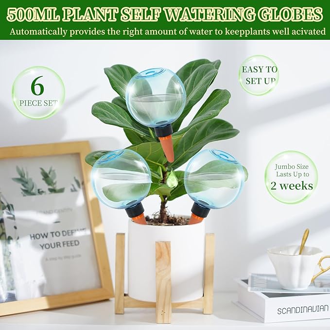 6pcs Large Plant Self Watering Globes, 17.5 oz Plastic Water Bulbs Top Fill, Plant Watering Devices System Slow Release Terracotta, Water Spikes Stakes for Indoor(6pack) GEWOSI