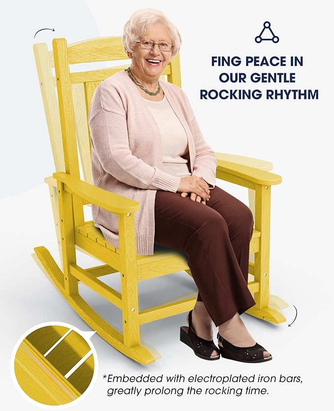 KINGYES Outdoor Rocking Chair Set of 2, High Density Polyethylene Patio Rocking Chairs with 330lbs Support for Adults, Yellow KINGYES