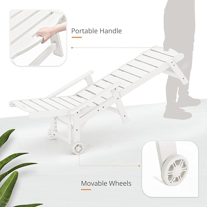 LUE BONA Outdoor Chaise Lounge Chairs Set of 2, HDPS Chaise Lounger, 5 Positions Adjustable Lounge Chairs, Pool Lounge Chair with Wheels for Poolside, 3 Year Warranty, White LUEBONA