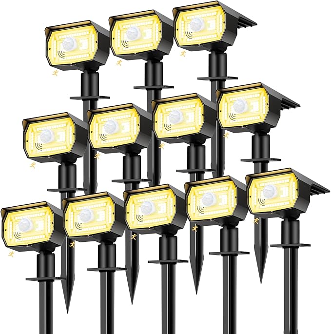 nipify 12 Pack Solar Spot Lights Outdoor Motion Sensor with 3 Modes,Solar Spotlights Outdoor Waterproof 2-in-1 Auto On/Off Landscape Lighting for Outside Yard Wall Garden Pathway, Warm White Nipify