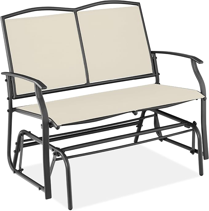 Best Choice Products 2-Person Outdoor Patio Swing Glider Steel Bench Loveseat Rocker for Deck, Porch w/Textilene Fabric, Steel Frame - Ivory/Gray BestChoiceProducts