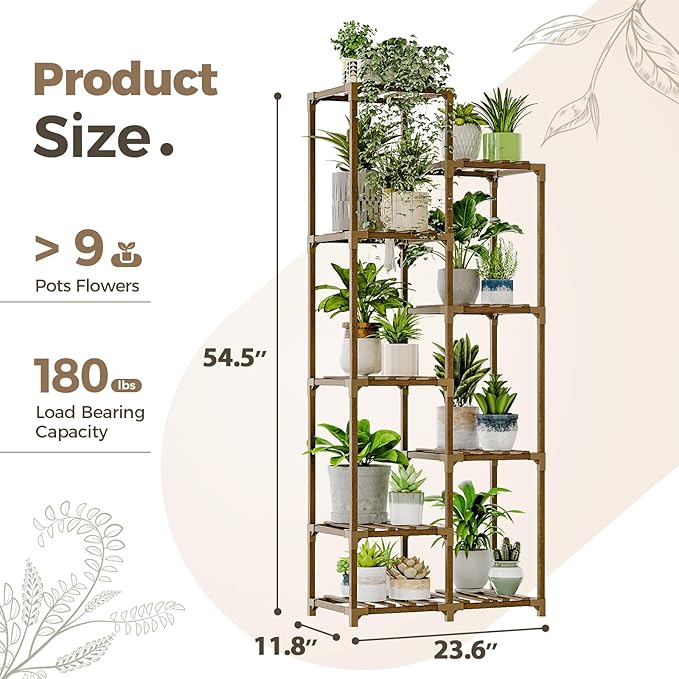 Bamworld Plant Stand Indoor Tall Plant Shelf Outdoor Corner Plants Table Wood Flower Stand for Living Room Balcony and Garden (9 pots) Bamworld