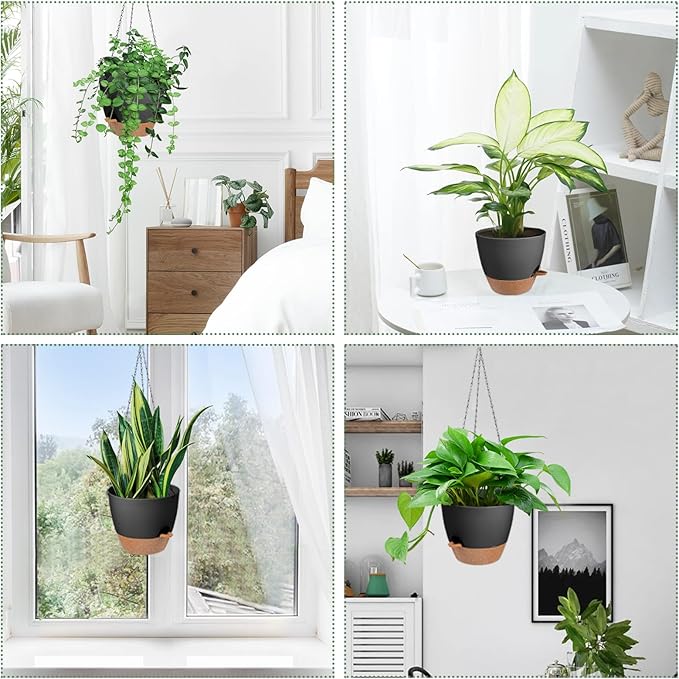 Hanging Planters for Indoor Outdoor Plants, 2 Pack Self Watering Hanging Pot with Drainage Holes & Removable Tray (Black, 6'') Vanslogreen