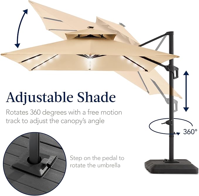 Best Choice Products 12x12ft LED Cantilever Patio Umbrella w/Base Included & 360° Rotation, Large Solar Offset Hanging Outdoor Sun Shade for Deck, Backyard Table w/Stand & Lights – Sand BestChoiceProducts