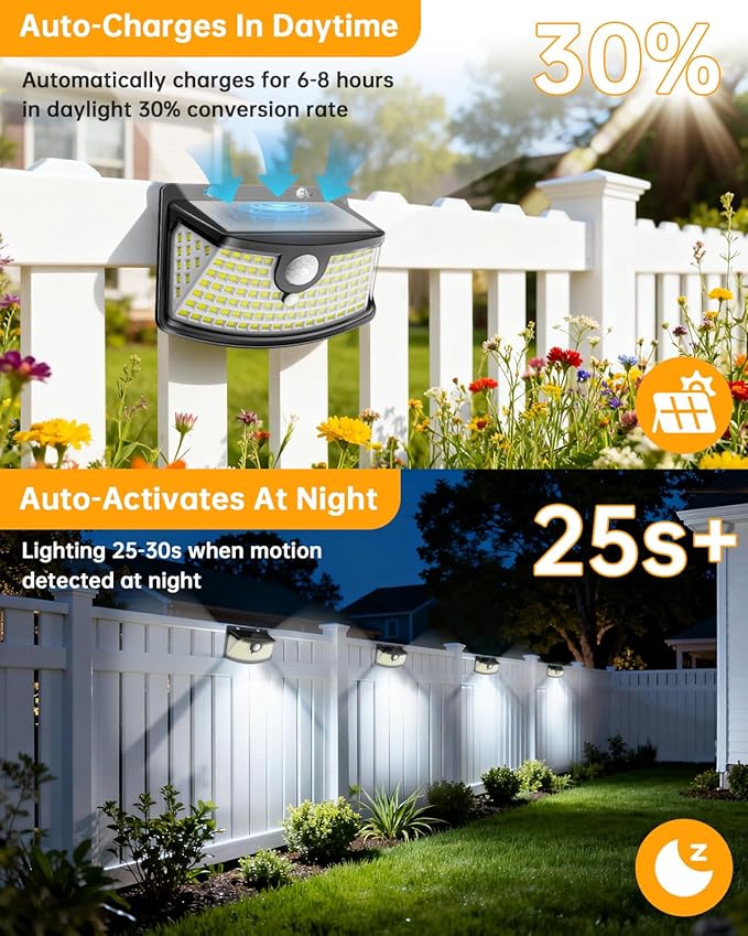 Aootek New Solar Motion Sensor Lights 120 LEDs with Lights Reflector,270° Wide Angle, IP65 Waterproof, Step Lights for Front Door, Yard, Garage, Deck (Black, Daylight White, 4-Pack) Lightupeveryconer