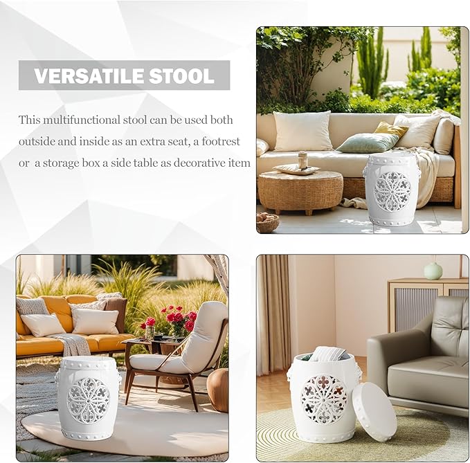 EFU Resin Garden Stool Indoor Outdoor,Decorative Antique Classic-Like Appearance, Waterproof UV Resistant Lightweight Sturdy,for Living Room, Garden Room, Patio(White) Rootora