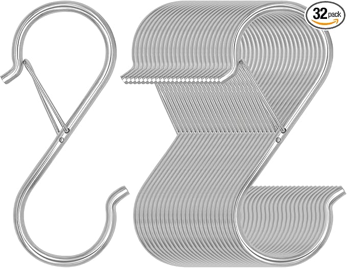 32 Pack S Hooks for Hanging, 3.5 inch Heavy Duty Metal S Hooks with Safety Buckle S Shaped Hooks Pot Rack Closet Hooks for Hanging Plants, Clothes, Kitchen Utensil, Pots, Pans, Bags (Silver) Waitkey