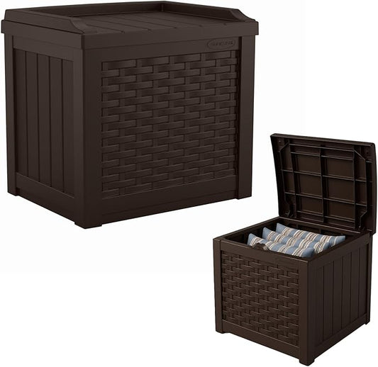 Suncast Outdoor Deck Box - 22 Gallon Java Resin Outdoor Storage Box, Weatherproof Patio Storage Bin Container for Seating & Organizing Cushions, Tools & Towels for Pool, Yard, & Garden Suncast