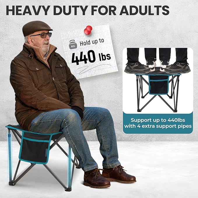 FUNDANGO Oversized Camping Stool for Adults, Thick Padded 18.1 Inch Folding Ottoman Foot Rest, 440 Lbs Heavy Duty Outdoor Camp Chairs with Anti-Slip Foots & Carry Bag for Fishing Lawn Travel (Black) FUNDANGO
