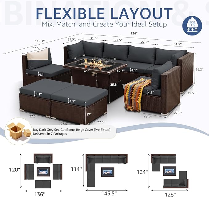 NICESOUL 8 Seat Extra Large Patio Furniture Set with Firepit Table Natural Gas/Propane, 29.3'' High-Back Luxury Outdoor Sectional Conversation Sets for 6 People, Brown Rattan and Dark Grey Cushion NICESOUL