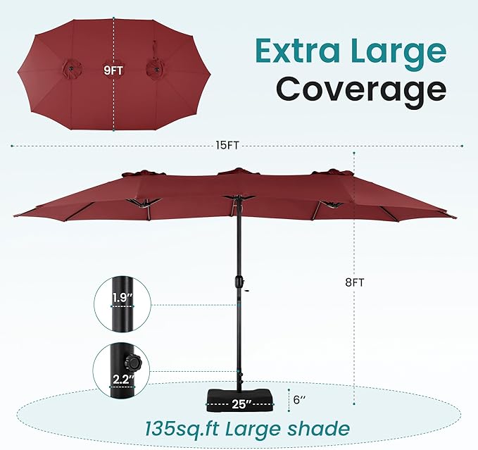 DUMOS 15FT Large Patio Umbrella with Base Included, Rectangle Table Umbrella Outdoor Patio, Outside Umbrellas for Deck, Market, Backyard, Wine Red DumosLifestyle