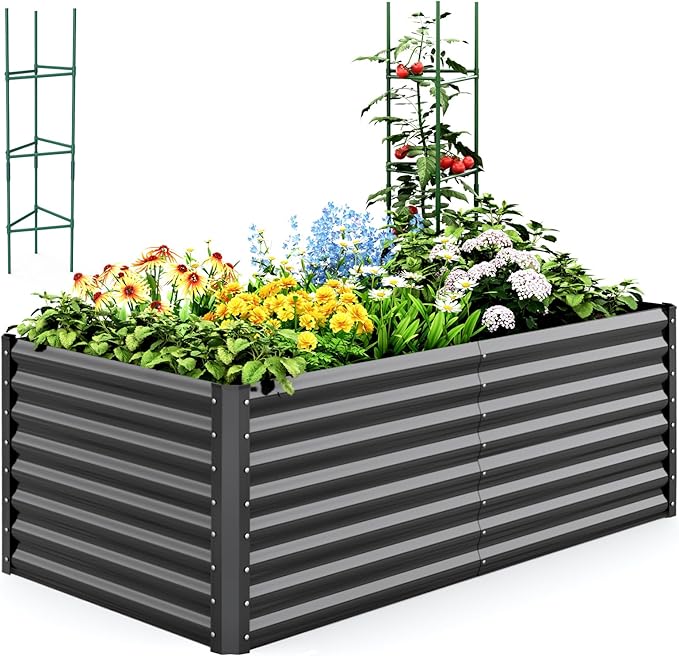 Quictent Galvanized Raised Garden Bed 6x3x2 Ft Metal Planter Box Bottomless for Backyard Outdoor, Include 1 pc Tomato Cage (Dark Gray) QUICTENT