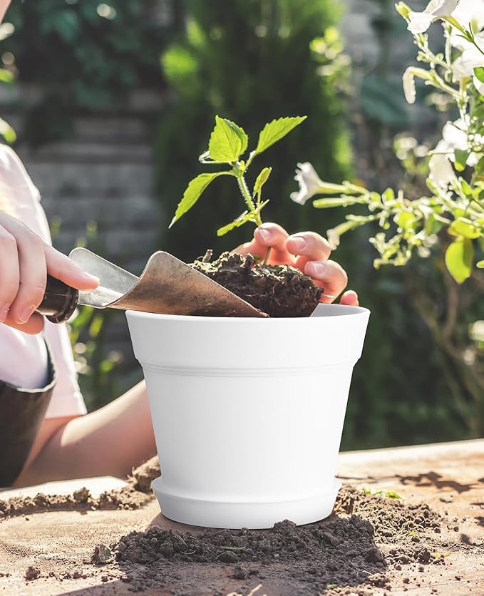 homenote Plant Pots,6/7.5 Inch Flower Pots for Plants Plastic Planters for Indoor with Multiple Drainage Holes and Trays, for All Home Garden Flowers Succulents,Outdoor(White,10 Pack) HOMENOTE