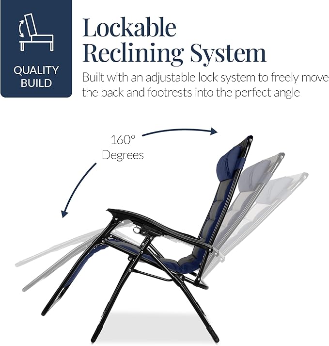 Best Choice Products Oversized Padded Zero Gravity Chair, Folding Outdoor Patio Recliner, XL Anti Gravity Lounger for Backyard w/Headrest, Cup Holder, Side Tray, Polyester Mesh - Navy/Gray BestChoiceProducts