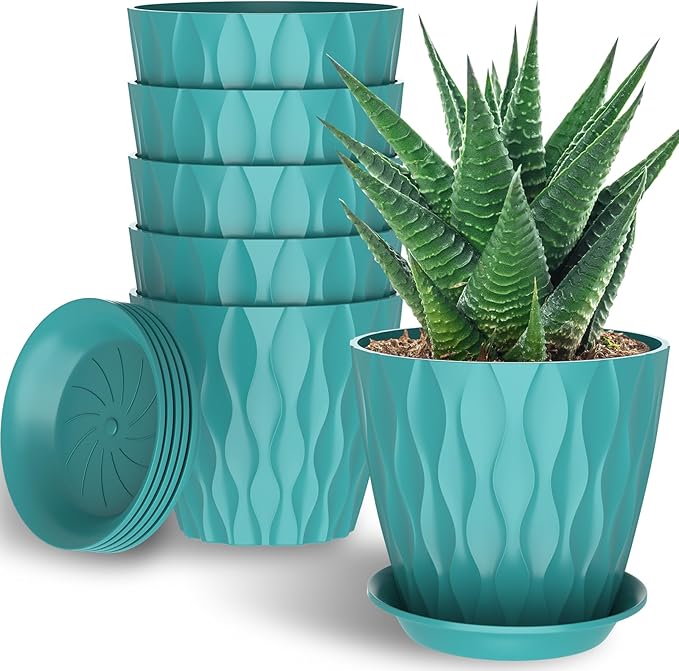6 Pack 7 Inch Indoor Plant Pots with Drainage Holes, Outdoor Plastic Decorative Flower Pots, Garden Planters with Tray Saucers for Orchids, Violets, Succulents, Herbs, and Other Plants Rootora