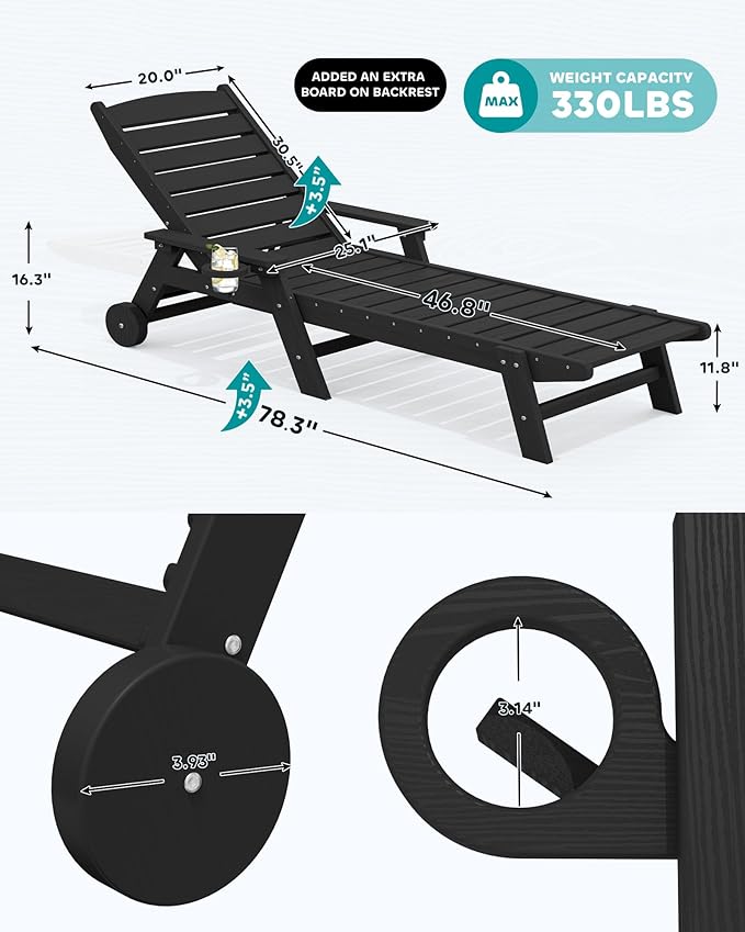 SERWALL Patio Chaise Lounge Chair, 78'' Long HDPE 5 Positions Adjustable Outdoor Lounger, Poly Lounge Chair with Rolling Wheels & Cup Holder for Pool, Obsidian Black SERWALL