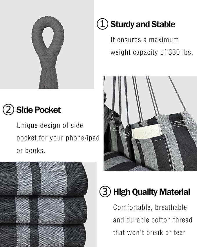 Halalona Hammock Chair Hanging Hammock Chair Rope Swing 2 Cushions Included-Sturdy & Durable Soft Cotton Hand Woven Hammock Swing for Bedroom, Porch, Patio-Indoor/Outdoor Halalona