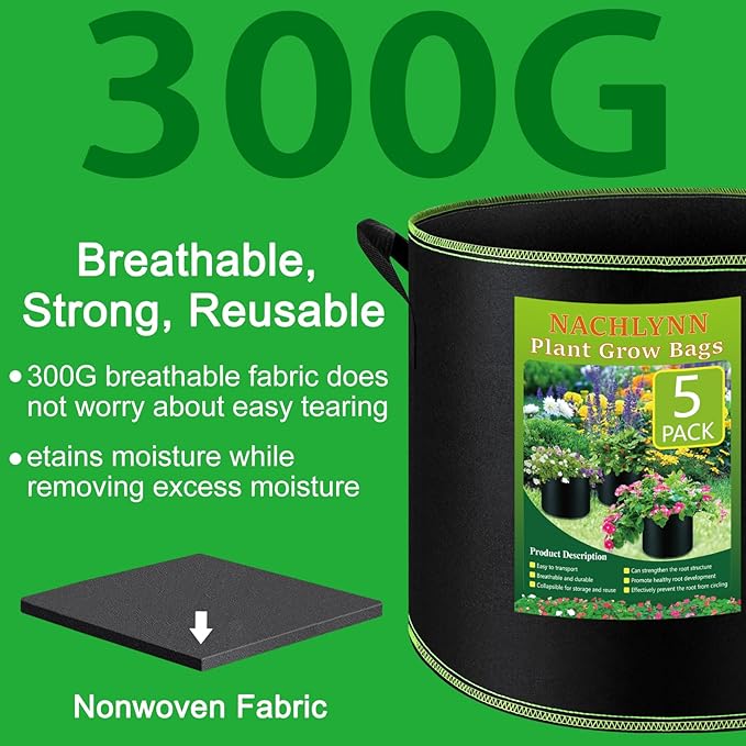 NACHLYNN 5-Pack 7 Gallon Grow Bags Thickened Nonwoven Fabric Pots with Handles Heavy Duty Aeration Fabric Pots Plant or Fruits Flowers Plant for Gardening Createyourownlifestory