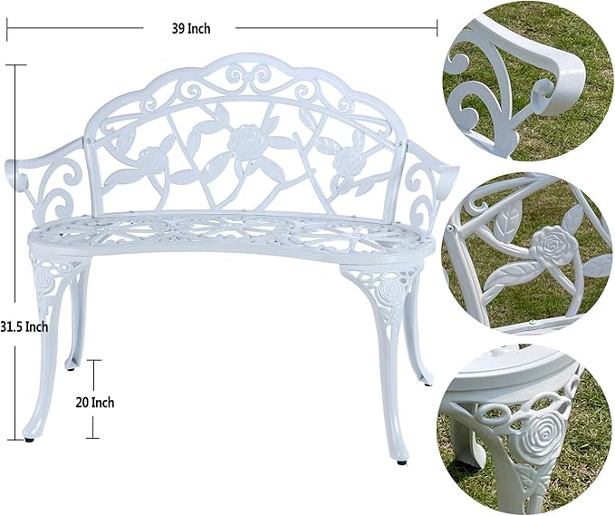 Mandolin Outdoor Benc Park Garden Chair,All Chair Anti Rust Cast Aluminum Patio Yard Bench,Carved Rose Loveseat Bench for Backyard .Porch.Balcony.Lawn (White) Rootora