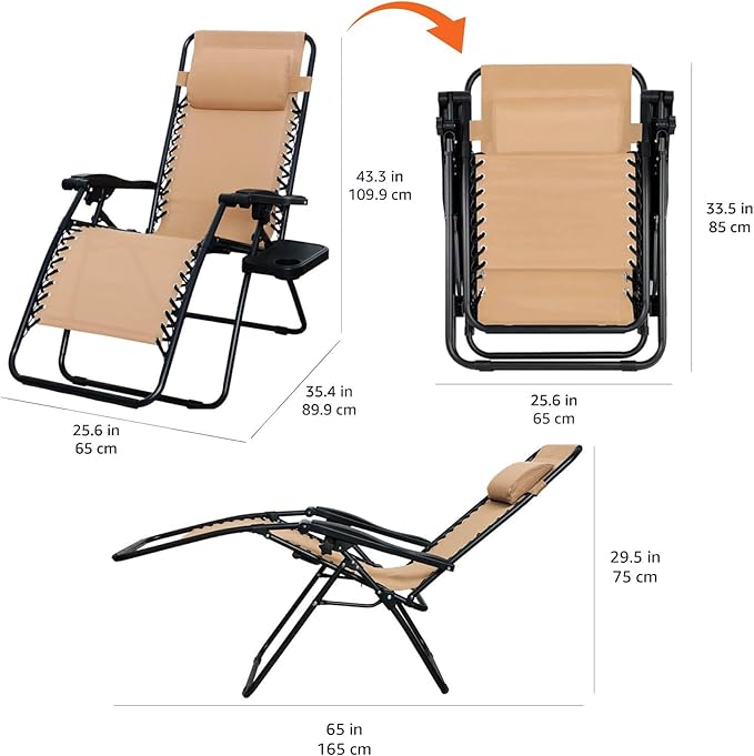 Amazon Basics Outdoor Textilene Adjustable Zero Gravity Folding Reclining Lounge Chair Set with Cup Holder, Side Table, Headrest, Weather-Resistant, 35 x 26 x 43 inches, Beige, 2-Pack AmazonBasics