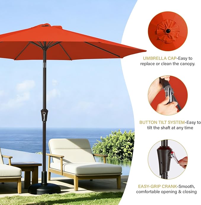 MEWAY 9ft Patio Umbrella Outdoor Table Umbrellas with Push Tilt and Crank, Market Umbrella 8 Sturdy Ribs for Deck, Garden, Pool and Backyard, Red Orange MEWAY