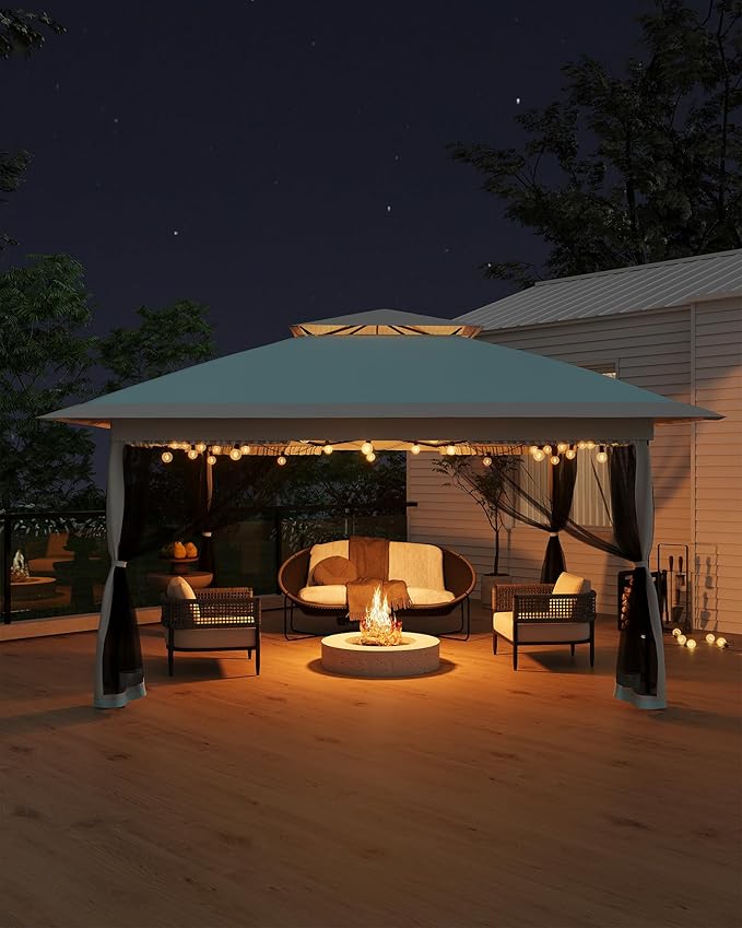 Canopy Tent 12x12 ft, Pop Up Gazebo One-Push Setup with 4 SandBags for Backyard Parties and BBQs, Mosquito Netting & Height Adjustable - Lake Blue GarveeLife
