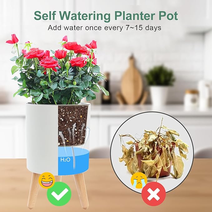 7.8 Inch Planter Pot with Solid Wood Legs, Self Watering Planter Pots with Water Shortage Alarm Planter Pot for Indoor Outdoor Modern Flower Planter for Home & Garden(White) Oliz