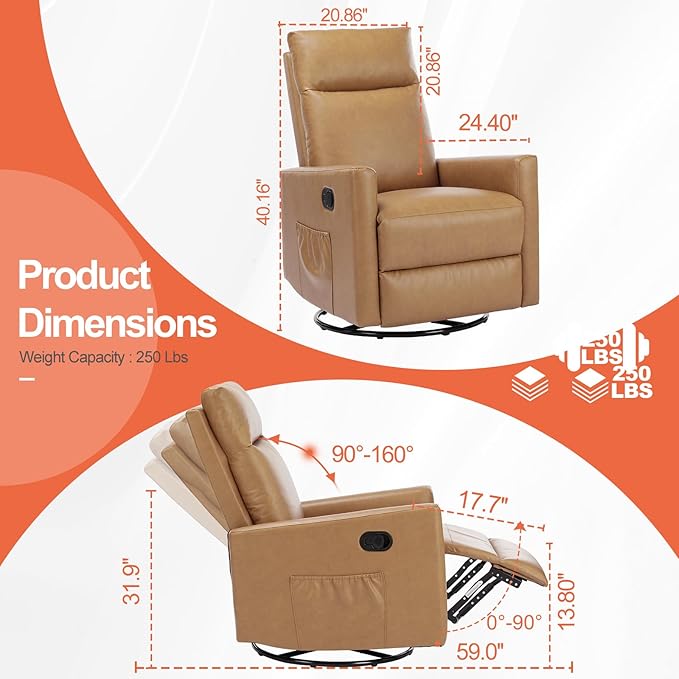 Sweetcrispy Recliner Chair, 360 Swivel Rocker Chair for Adults, Glider Rocker Recliners, Nursery Chairs for Living Room, High Back, Upholstered Deep Seat, Classical Brown Sweetcrispy