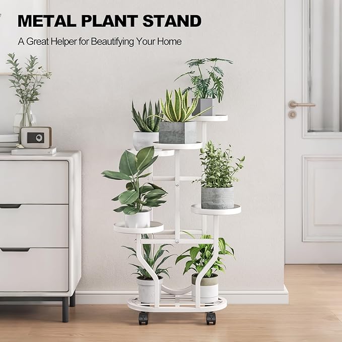Plant Stand 5 Tier Indoor Outdoor Metal Flower Shelf with Wheels Multi Plants Holder Display Rack for Garden Patio Balcony Living Room White (White, 5 Tier) YIZAIJIA