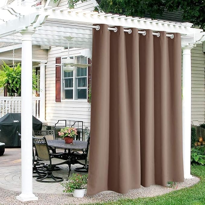RYB HOME Outdoor Curtains for Patio Waterproof Block Sunlight Thermal Insulated Privacy Assured Thick Outside Curtains for Porch, Gazebo, Pergola, W84" x L95", Mocha, 1 Panel RYBHOME