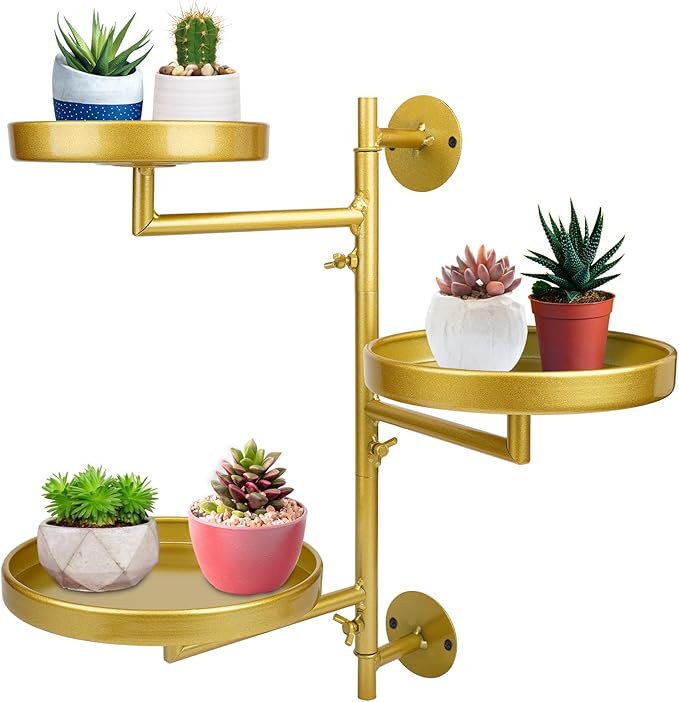 Rotating Window Plant Shelves with Adjustable Knobs, 3 Tiers Metal Wall Shelf for Plants Indoor, Sturdy Hanging Plant Holder, Window Wall Decor & Gardening Gifts (Golden) Rootora