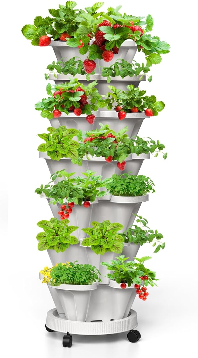 Strawberry Vertical Planter Tower Garden, 7 Tiered Stackable Planter Herb Garden Planter with Movable Casters and Bottom Saucer Indoor and Outdoor - White Tectsia