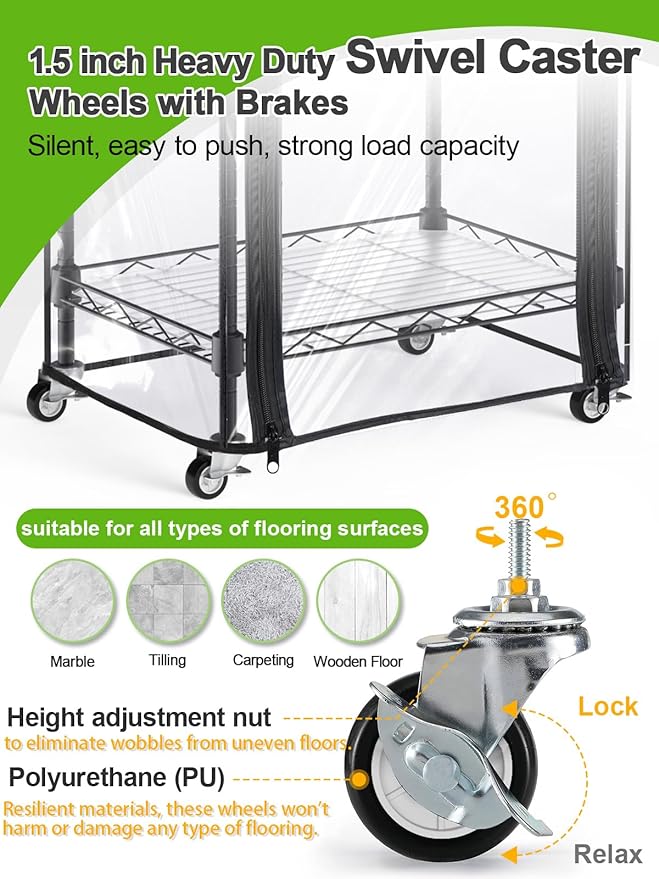 Abimars 5-Tier Mini Greenhouse with Caster Wheels, Each Shelf Height Adjustable Metal Plant Shelf with PVC Cover for Seed Starting Trays, Seedling Pots, Plant Pots, 11x16x57inch Abimars