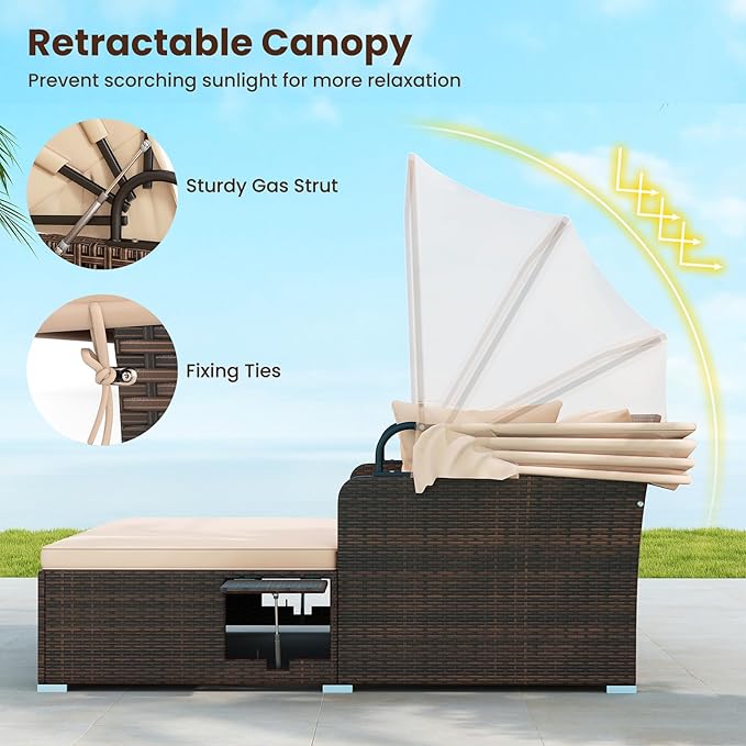ORALNER Outdoor Daybed, 2-Person Wicker Patio Sofa with Retractable Canopy, Cushions & Pillows, 2 Side Trays, PE Rattan Double Sunbed for Deck Poolside Garden Balcony Backyard (Beige, Mix Brown) ORALNER