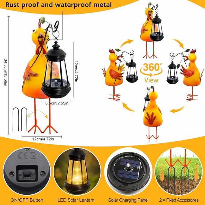 Garden Decor Chicken Solar Statues,Unique Garden Statues Chicken with Solar Lantern Waterproof,Birthday Gifts for Women Mom Grandma,Front Patio Balcony Yard Art Lawn Ornaments Porch Outdoor Decoration yulloyello