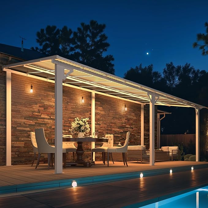 AECOJOY 20' x 8' White Outdoor Gazebo for Patio, Large Wall-Mounted Hard Top 8x20 Lean to Metal Gazebo Shelter Pergolas and Gazebos Clearance with Patio Roof, Heavy Duty Awnings for Patio, Decks AECOJOY