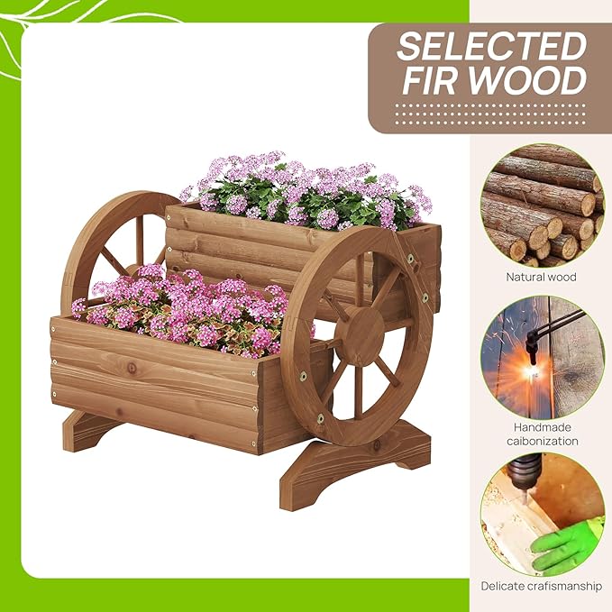 Wooden Wagon Planter Outdoor Flower Cart with Wheels Garden Planter, Decor Planter for Patio Balcony Decoration Succulent Flower Pot for Indoor Backyard Balcon Yard Decor planters (Brown) Dawnyard