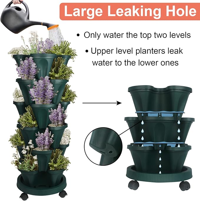 DUNCHATY Stackable Planter, Vertical Garden Planter with Wheels and Tools, Self Watering Strawberry Planter Indoor/Outdoor 4 Tier Herb Planter Pots for Growing Vegetables and Succulents,Pine Green DUNCHATY